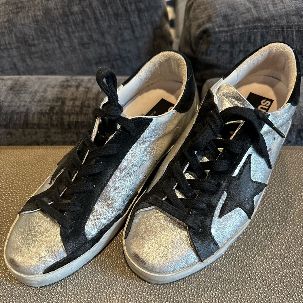 GOLDEN GOOSE  SuperStar low top  Sneakers Black & Silver .Size 37. Made in Italy